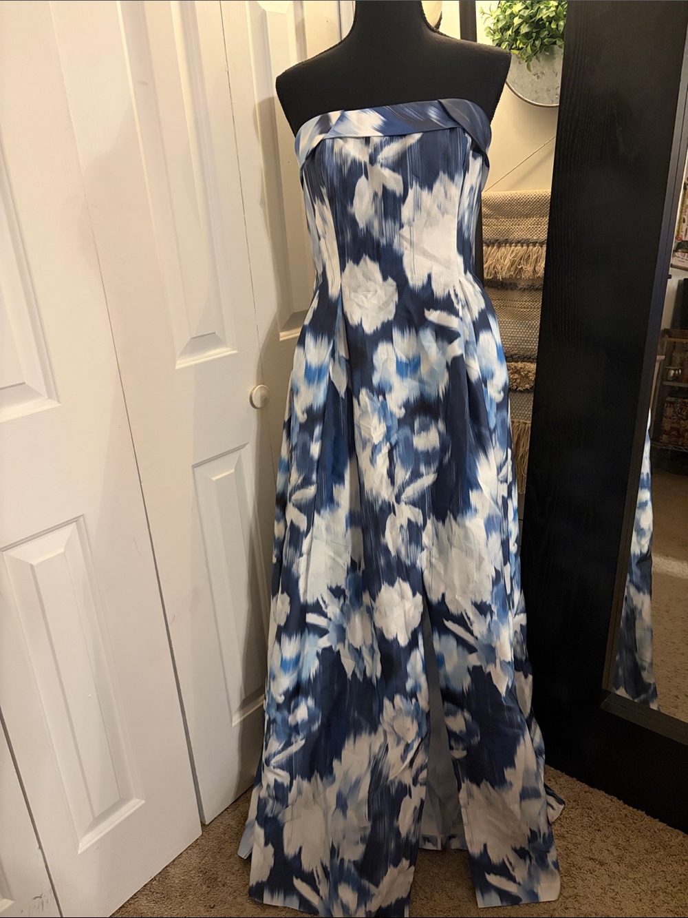 Sachin + Babi Brielle Strapless Navy and White Ikat Floral Print Gown